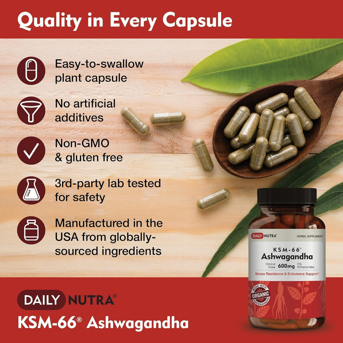 DailyNutra KSM-66 Ashwagandha 600mg capsules on a wooden surface