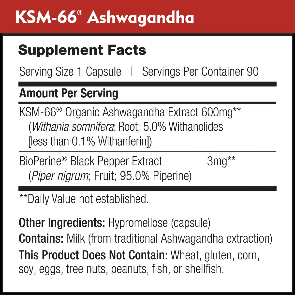DailyNutra KSM-66 Ashwagandha 600mg nutritional information