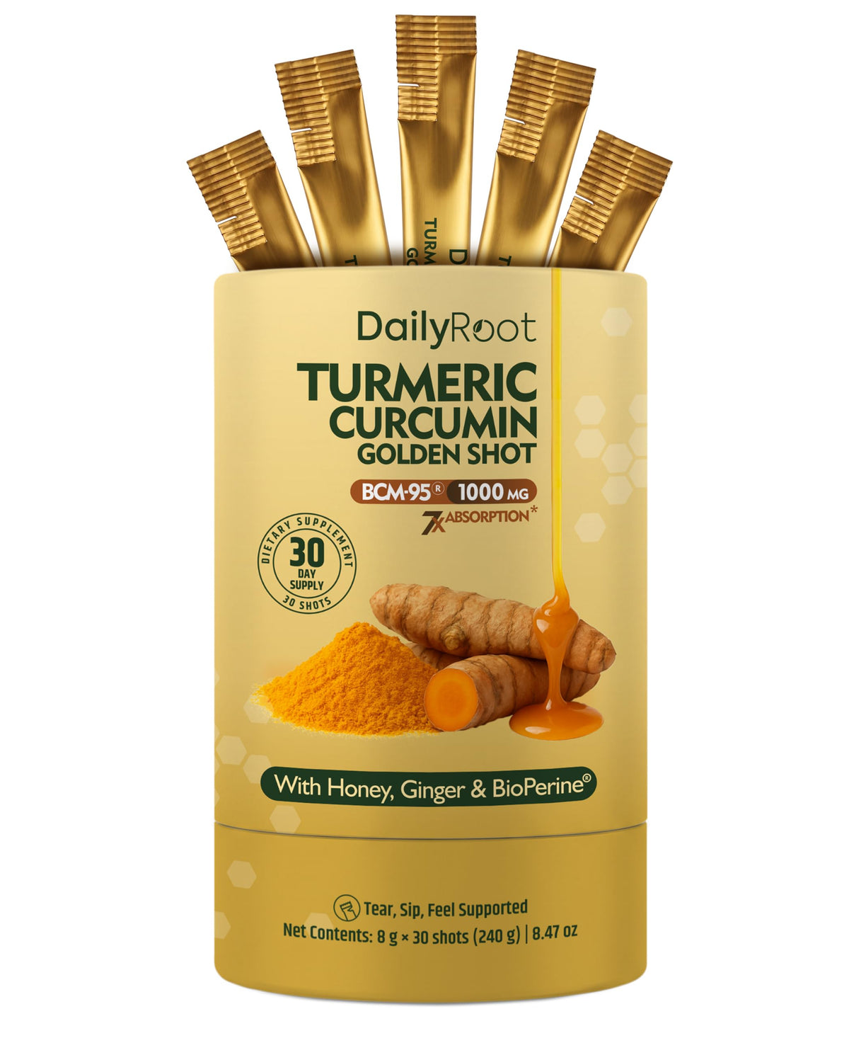 DAILYROOT Shot de Curcuma Liquide 1000mg avec bouteille et étiquette