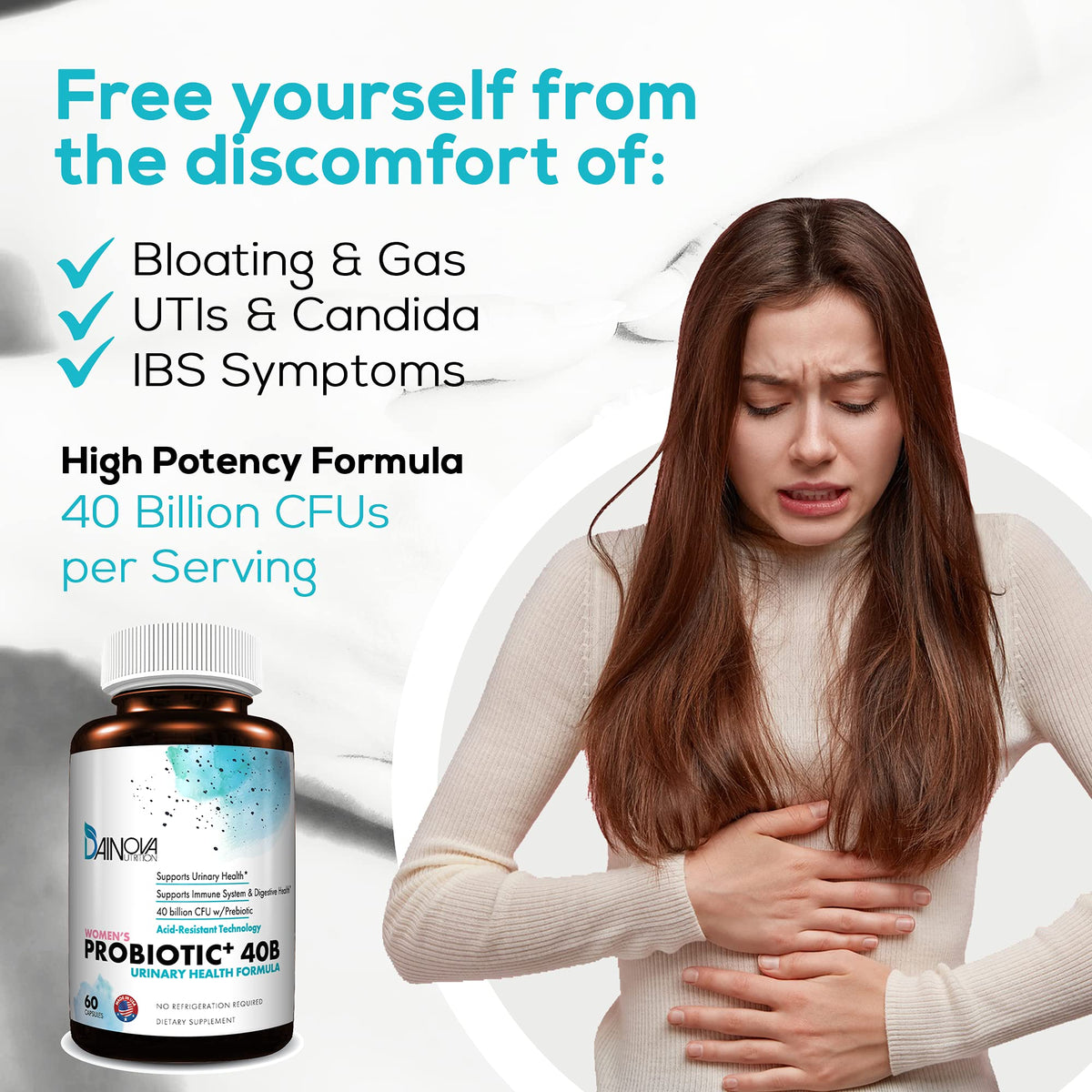 Dainova Nutrition Probiotiques pour Femmes capsules sur une table