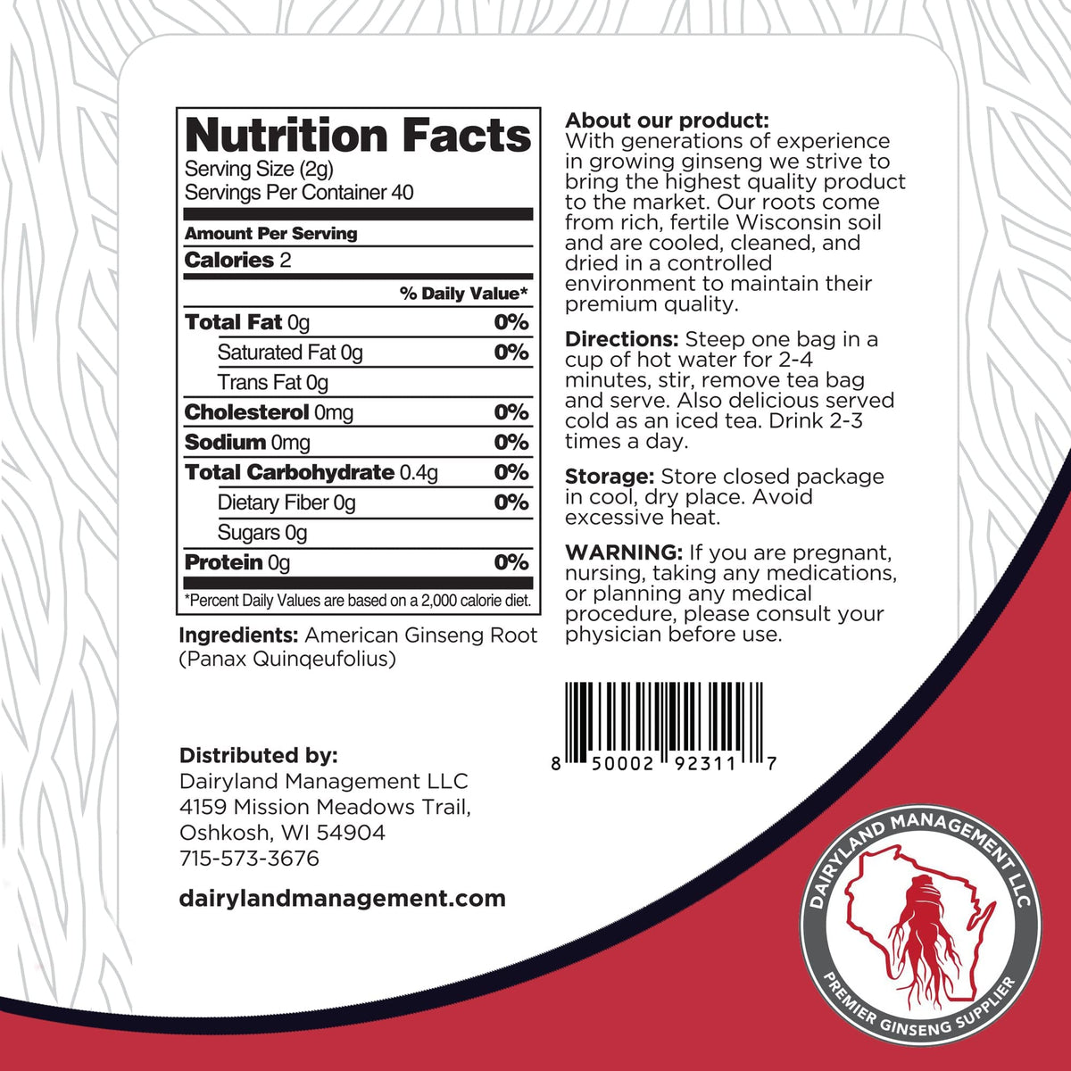 Dairyland Ginseng Tea Bags boîte avec étiquette