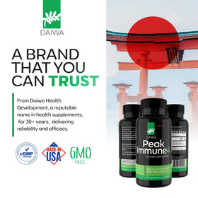 Daiwa PeakImmune4® complément alimentaire sur une table en bois