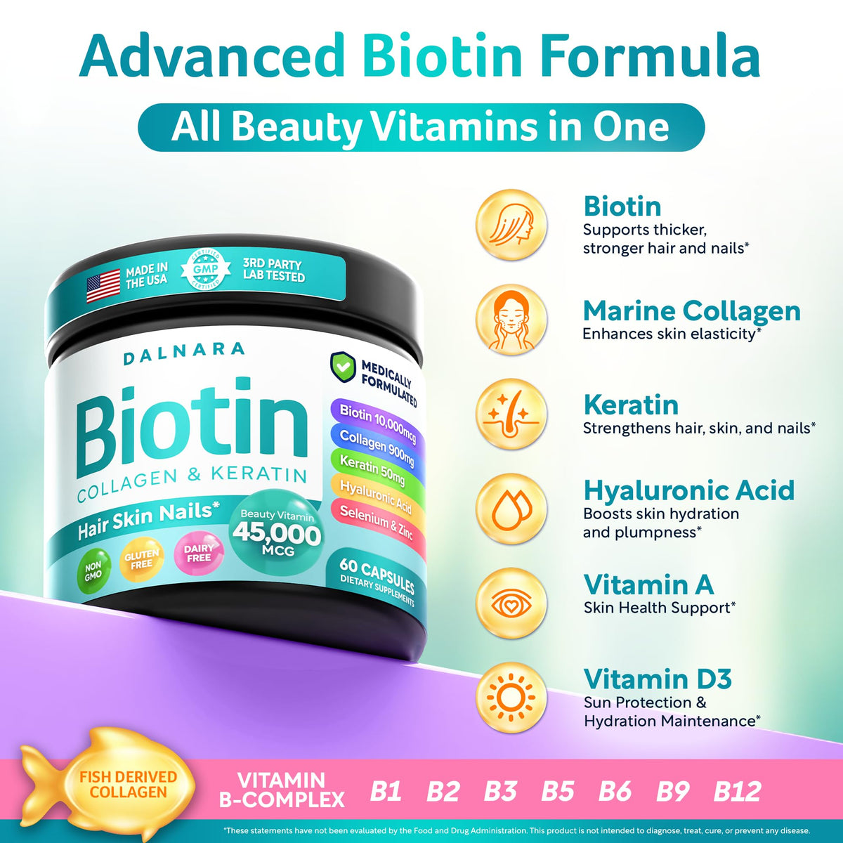 Dalnara Biotine Collagène Kératine 120 capsules montrant les ingrédients