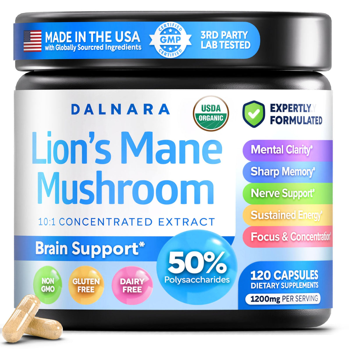 Dalnara Champignon Lion's Mane bouteille vue avant avec 120 gélules