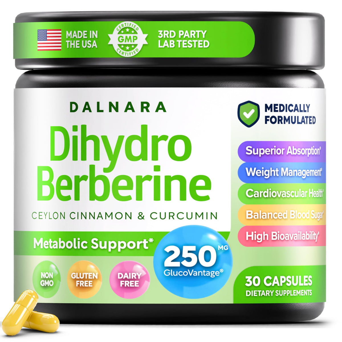 Dalnara Dihydroberberine 250mg capsules front view