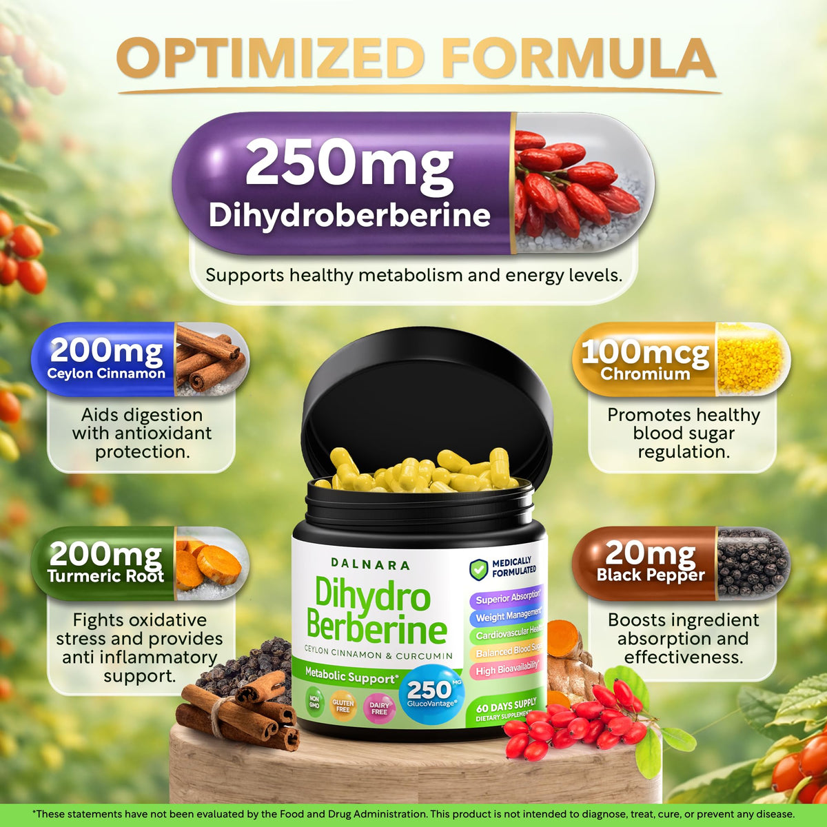 Dalnara Dihydroberberine 250mg capsules sur fond blanc
