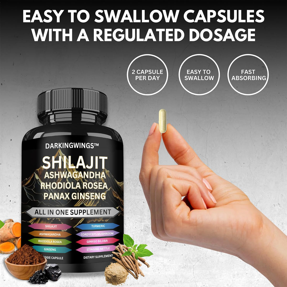 Darkingwings 8-en-1 Shilajit avec ingrédients naturels en arrière-plan