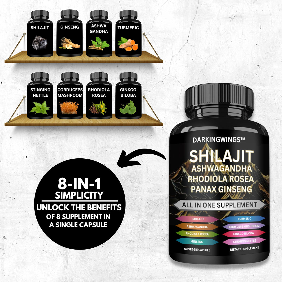 Darkingwings 8-en-1 Shilajit capsules sur une table