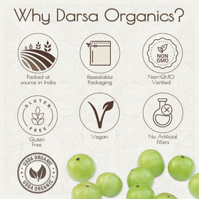 Darsa Organics Amla Séché 118g, mise en scène avec des ingrédients naturels