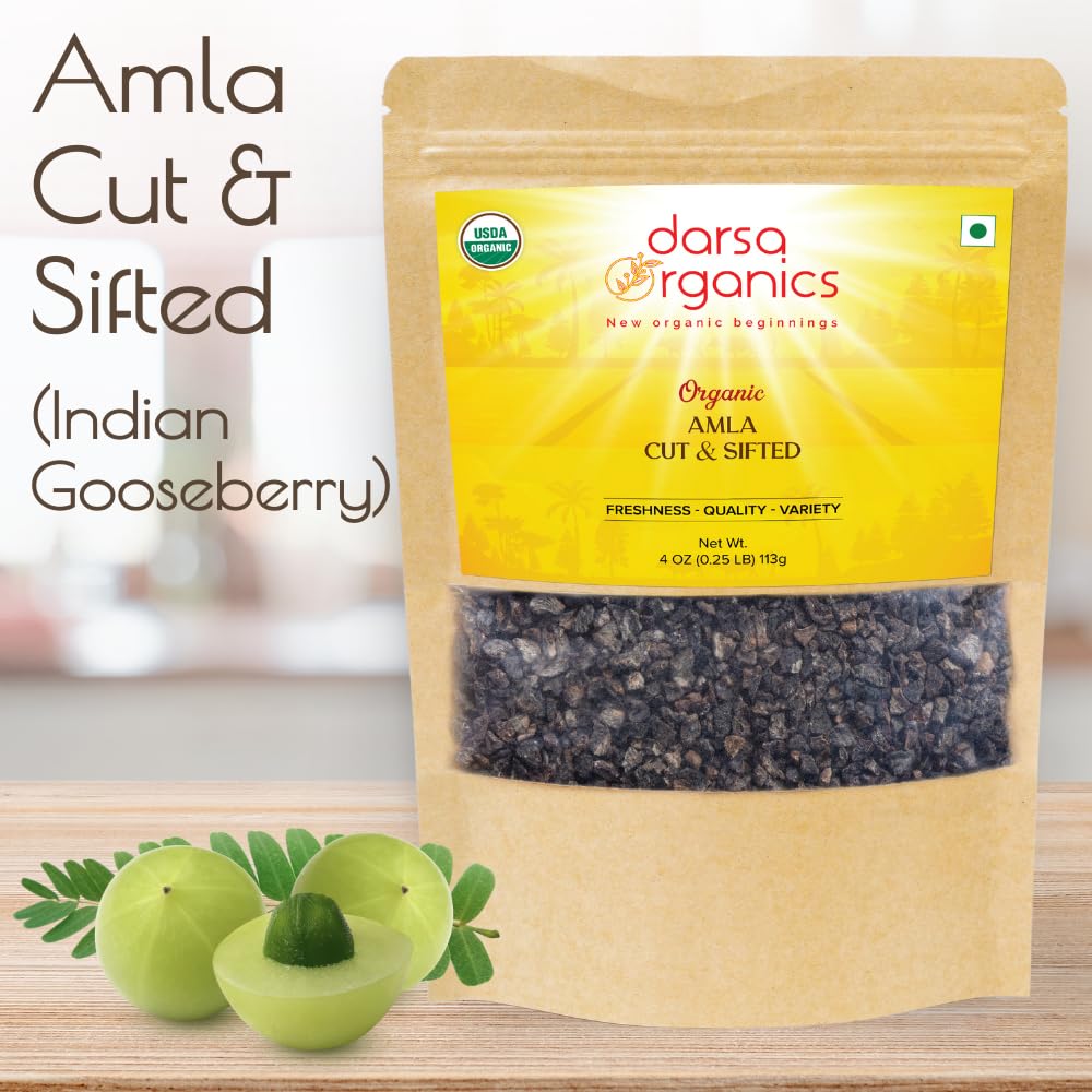 Darsa Organics Amla Séché 118g, morceaux d'Amla séchés sur une table