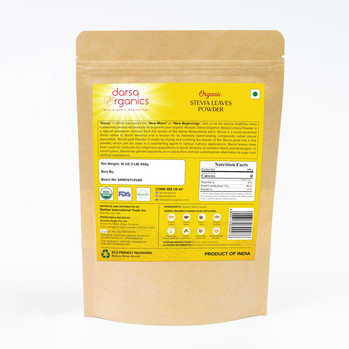 Darsa Organics Poudre de Stevia Pure 472g avec cuillère de dosage