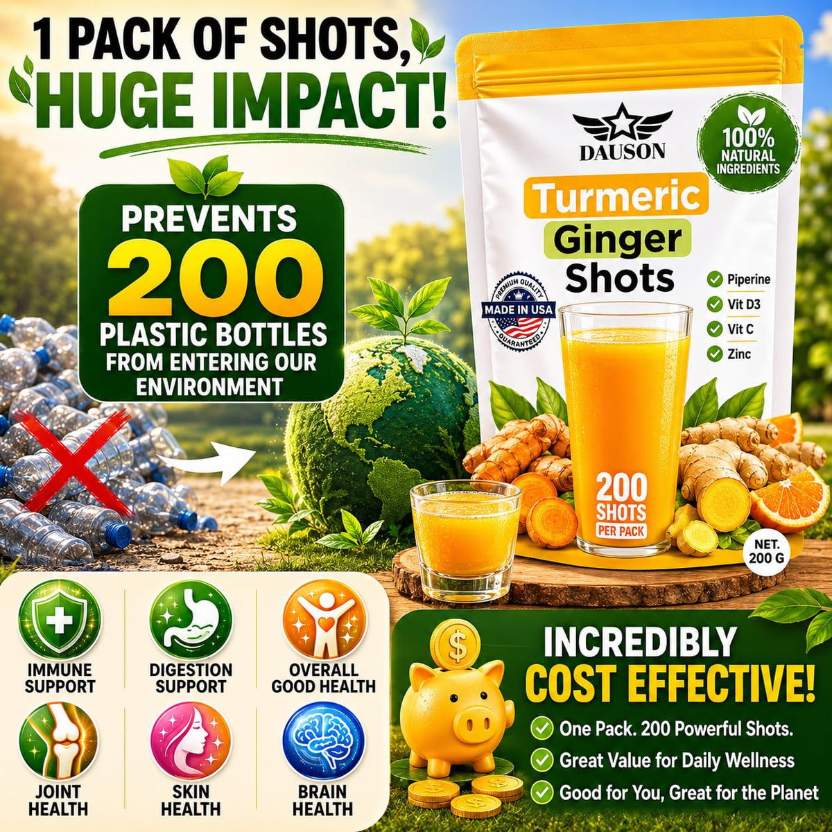 DAUSON Shots de Curcuma et Gingembre, ingrédients sur l'emballage
