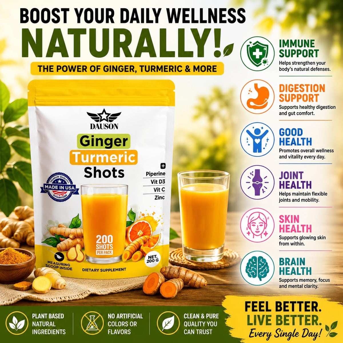 DAUSON Shots de Gingembre et Curcuma, présentation des ingrédients