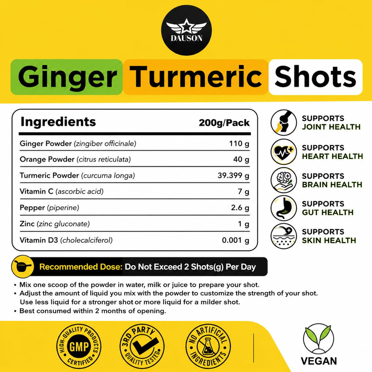DAUSON Shots de Gingembre et Curcuma, produit sur une table de cuisine