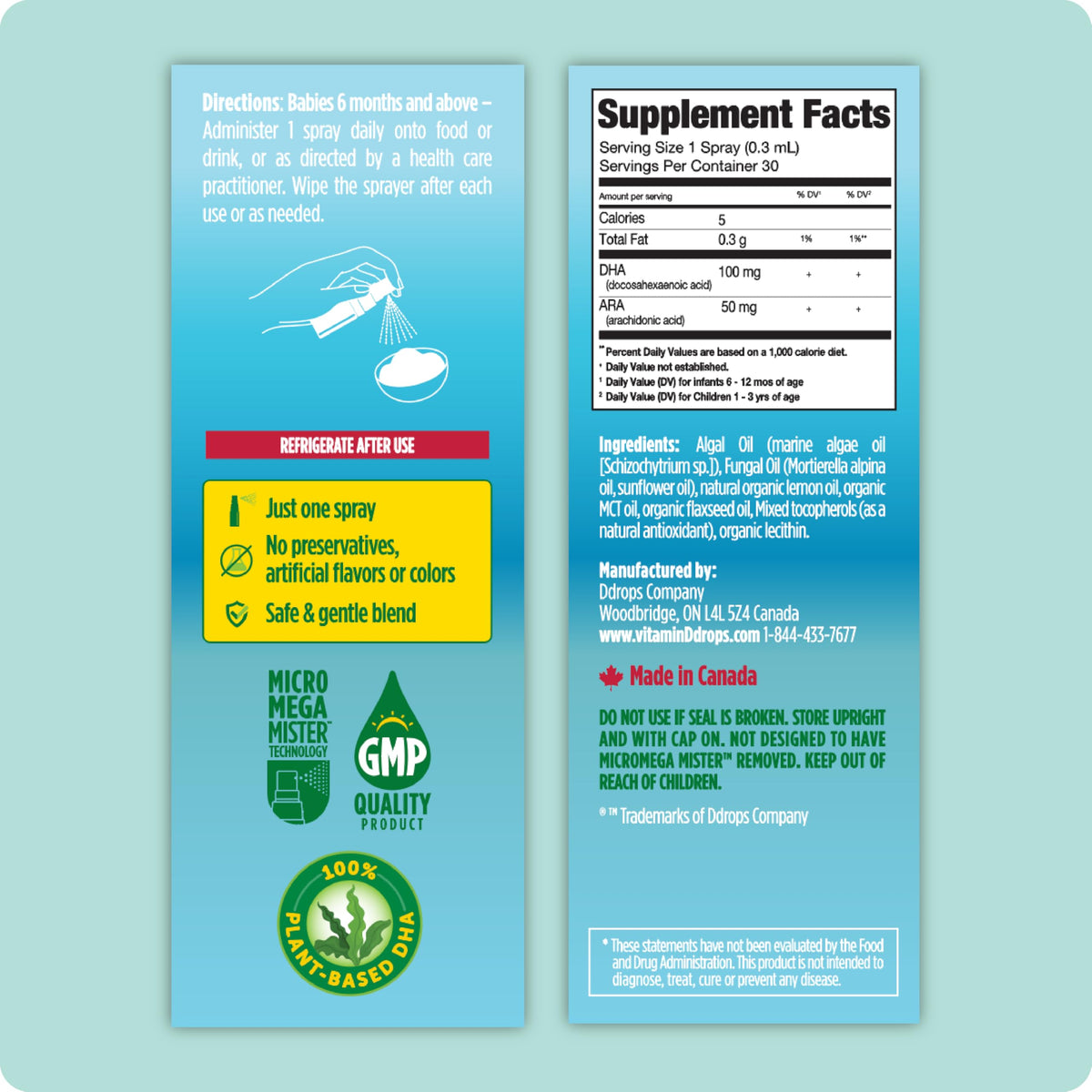 Ddrops Baby Algae DHA + ARA spray avec bouchon