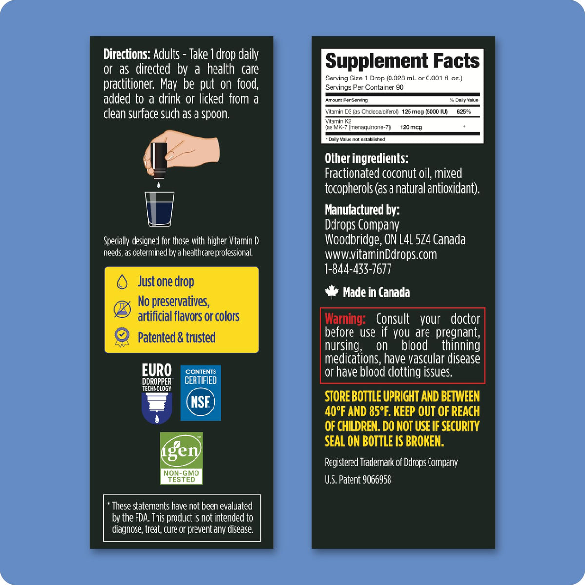 Ddrops Vitamine D3 + K2 5000 IU flacon avec étiquette