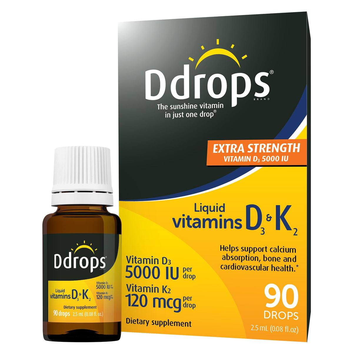 Ddrops Vitamine D3 + K2 5000 IU flacon de 90 gouttes vue de face