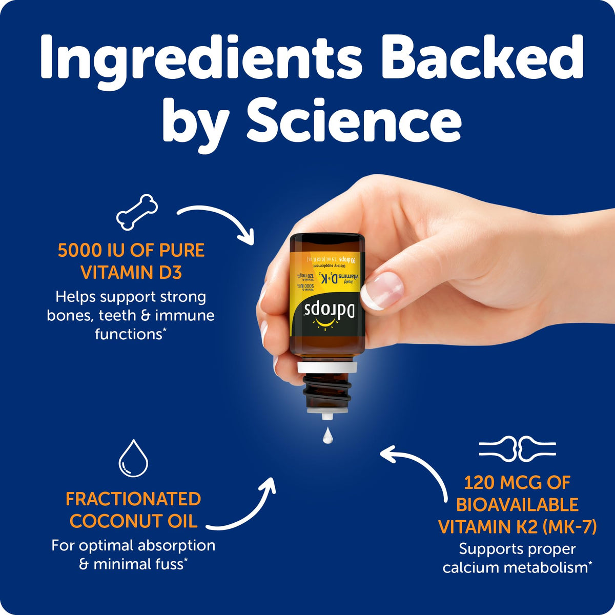 Ddrops Vitamine D3 + K2 5000 IU gouttes sur une surface propre