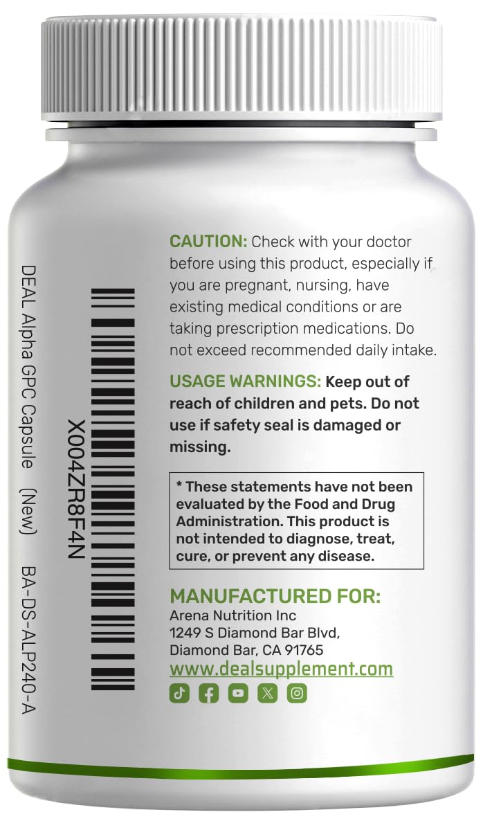 DEAL SUPPLEMENT Alpha GPC 600 mg flacon ouvert avec capsules