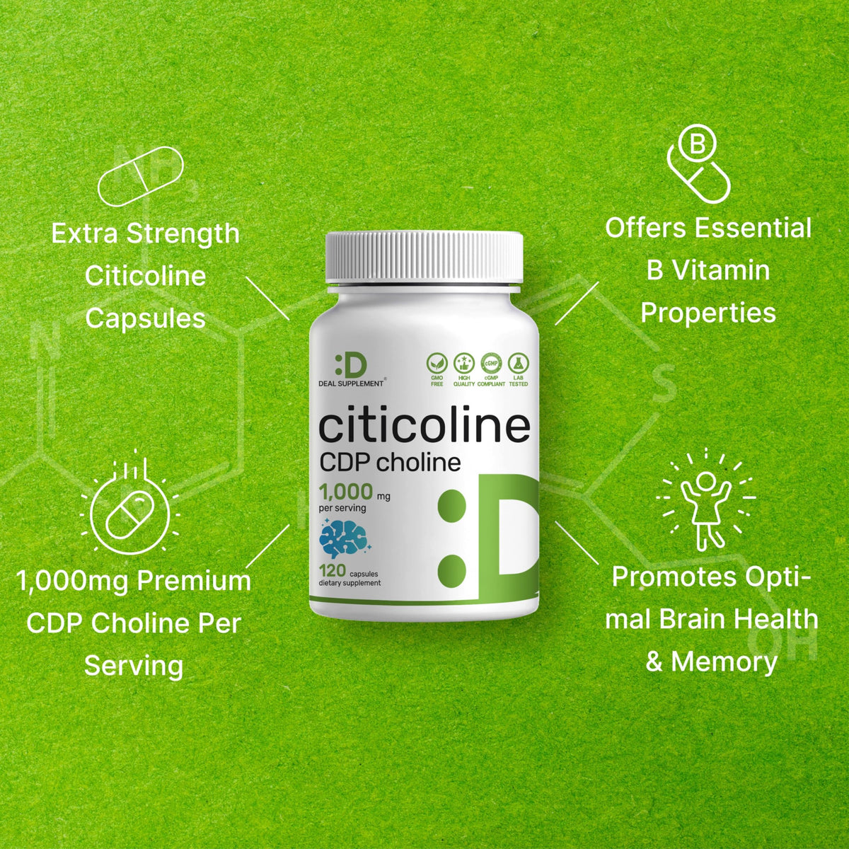DEAL SUPPLEMENT Citicoline CDP Choline 1000mg 120 capsules ouverte avec gélules