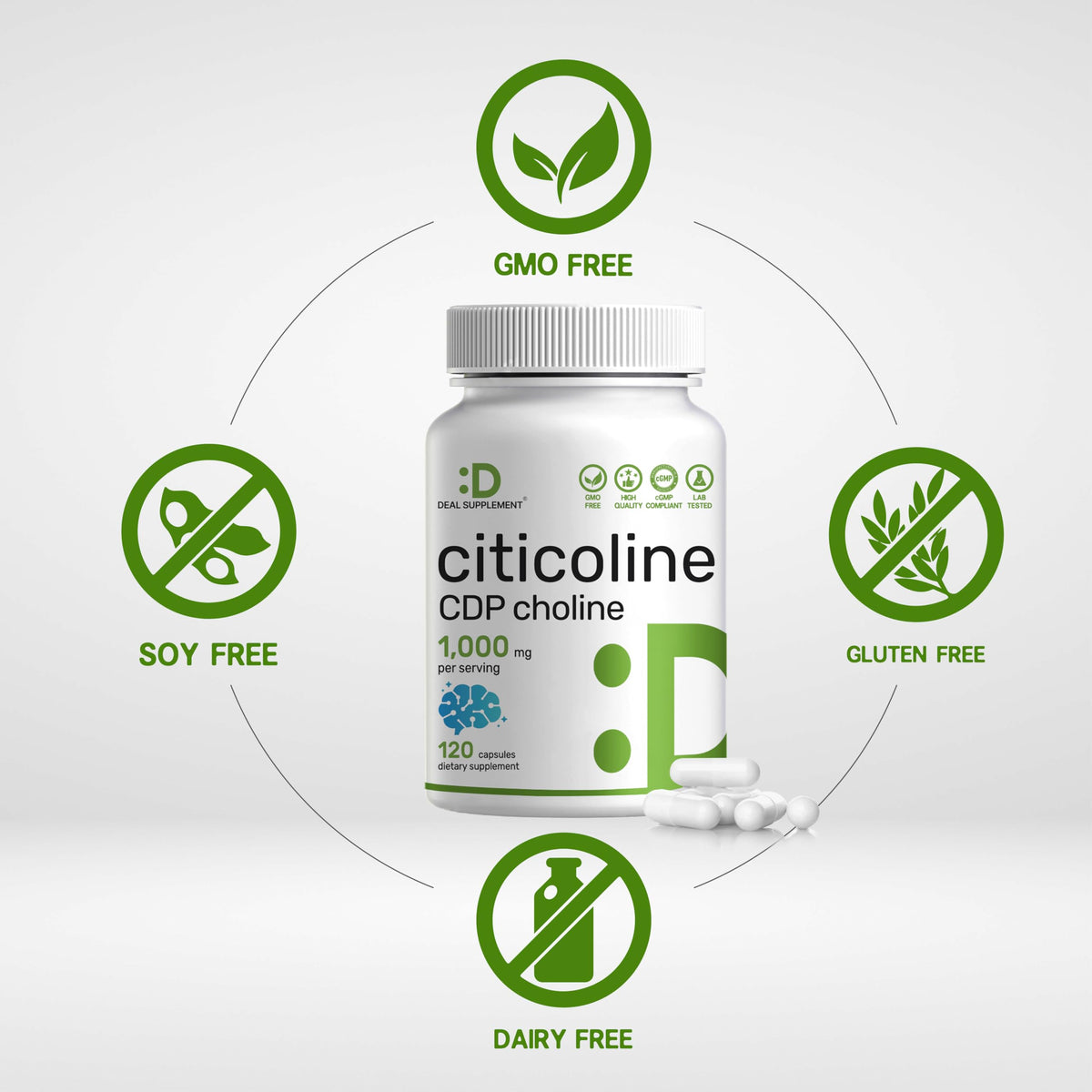 DEAL SUPPLEMENT Citicoline CDP Choline 1000mg 120 capsules vue de côté