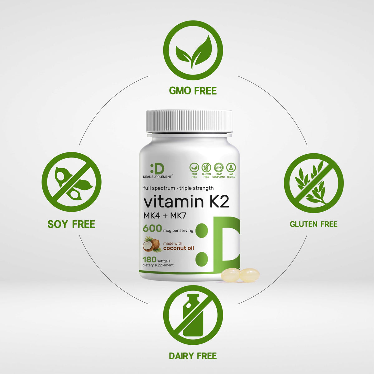 DEAL SUPPLEMENT Complément K2 600mcg gélules de coco vue de côté