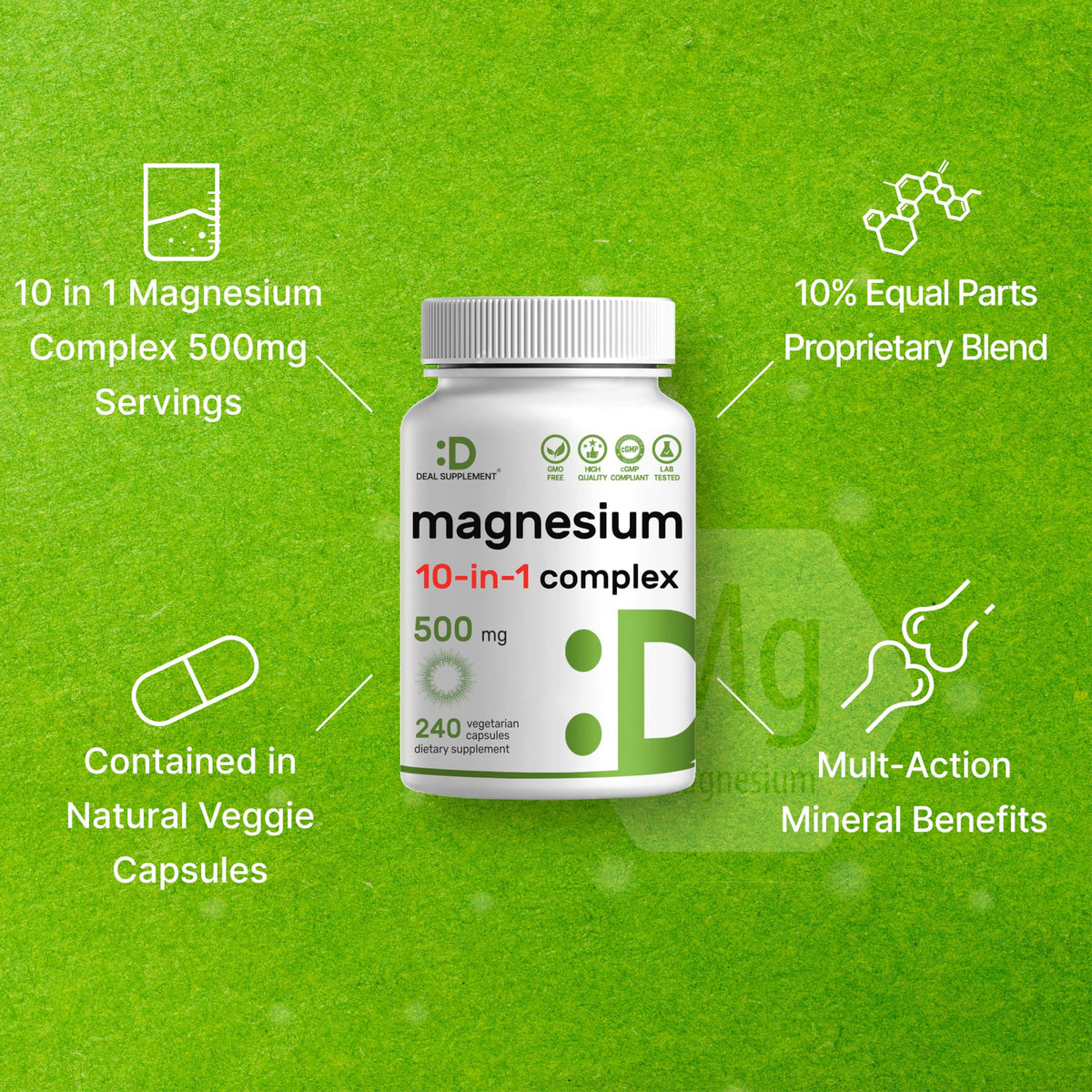 DEAL SUPPLEMENT Complexe de Magnésium 500 mg 240 Capsules avec étiquette