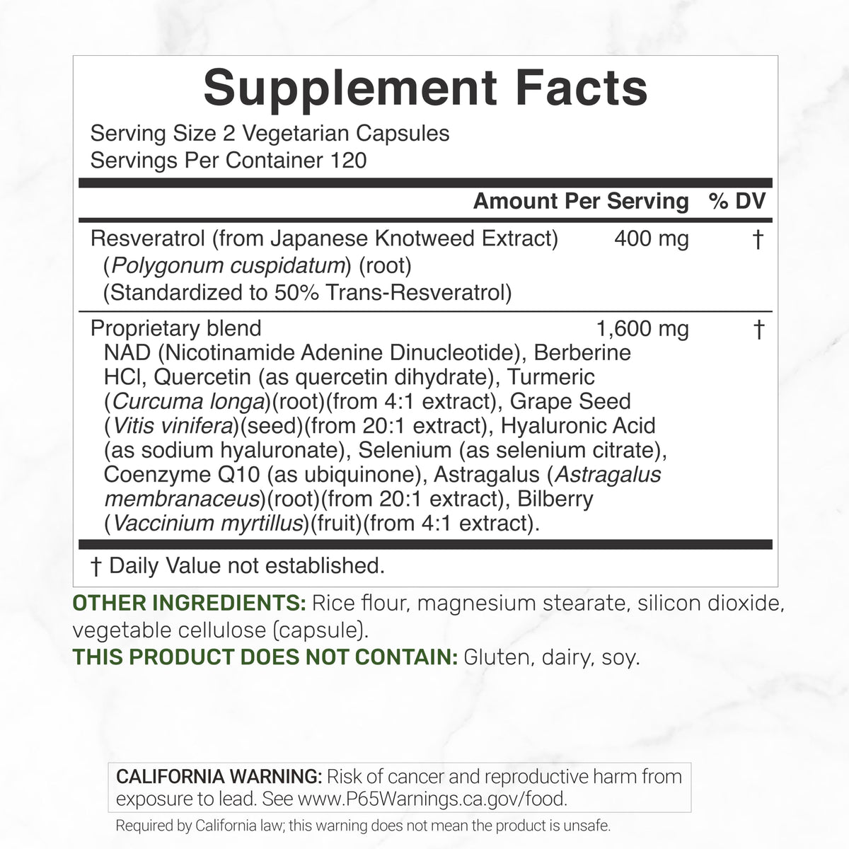 DEAL SUPPLEMENT Complexe de Resvératrol - étiquette des ingrédients