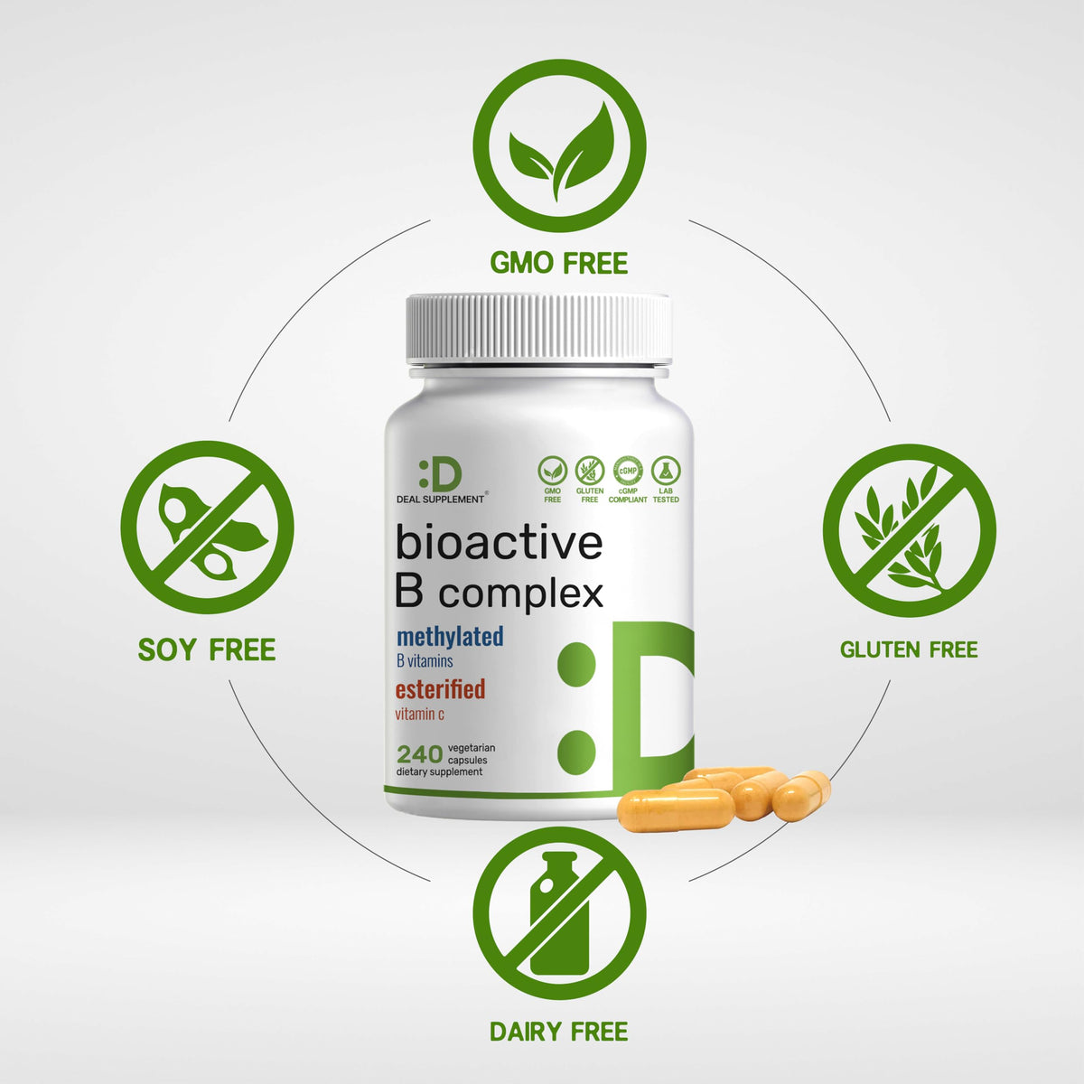 DEAL SUPPLEMENT Complexe de Vitamines B Bioactif 240 Capsules Végétales avec étiquette