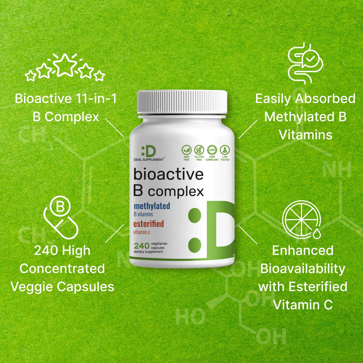 DEAL SUPPLEMENT Complexe de Vitamines B Bioactif 240 Capsules Végétales sur fond blanc