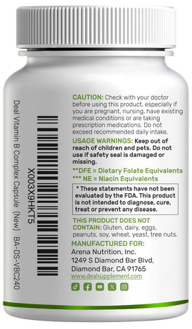 DEAL SUPPLEMENT Complexe de Vitamines B Bioactif 240 Capsules Végétales en usage