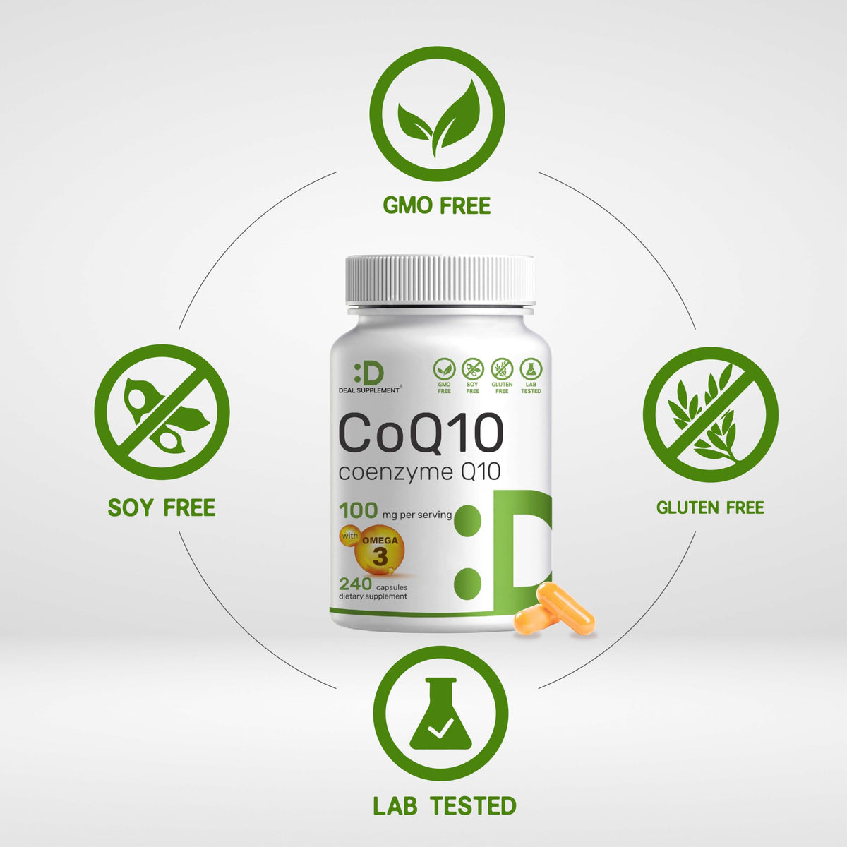 DEAL SUPPLEMENT CoQ10 100mg avec Omega 3 240 capsules emballage