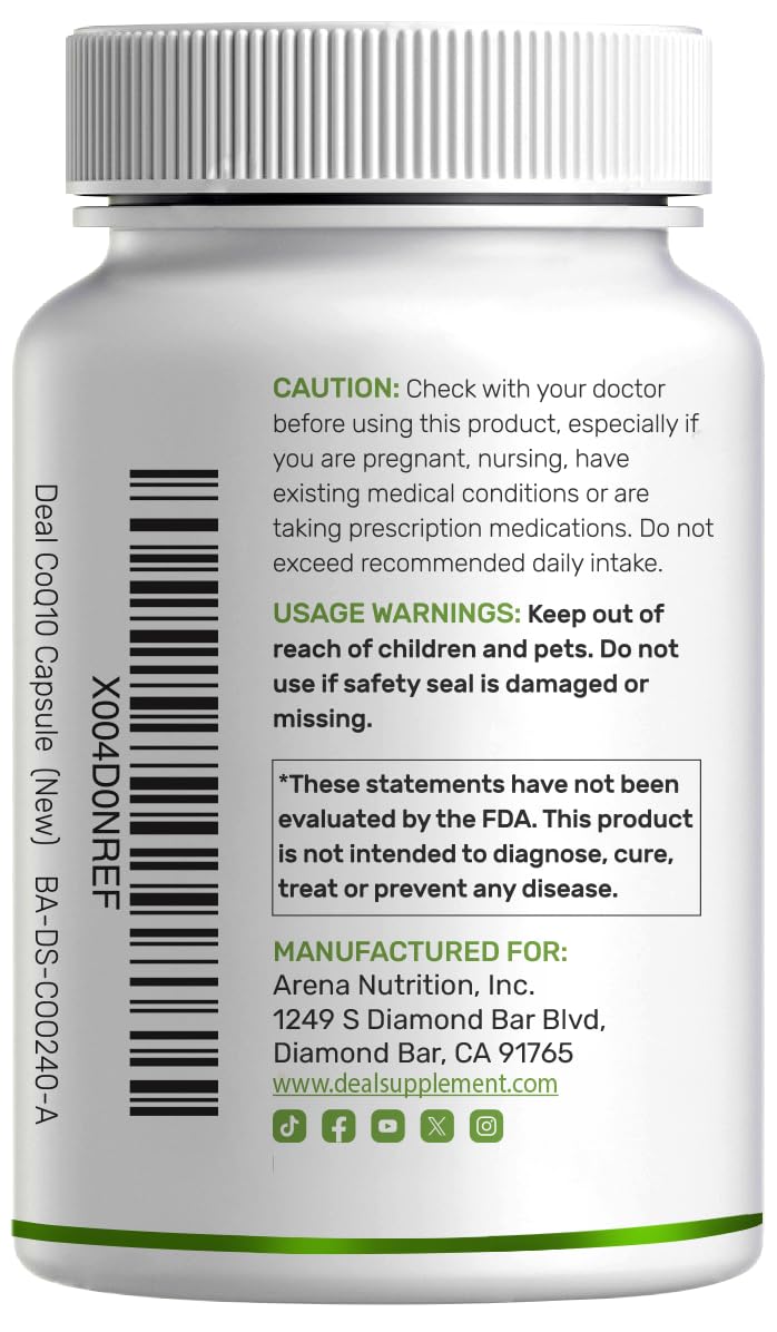 DEAL SUPPLEMENT CoQ10 100mg avec Omega 3 capsules dans un verre