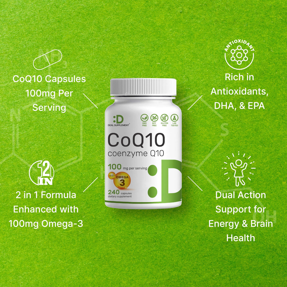 DEAL SUPPLEMENT CoQ10 100mg avec Omega 3 capsules ouvertes
