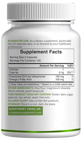 DEAL SUPPLEMENT CoQ10 100mg avec Omega 3 étiquette de produit