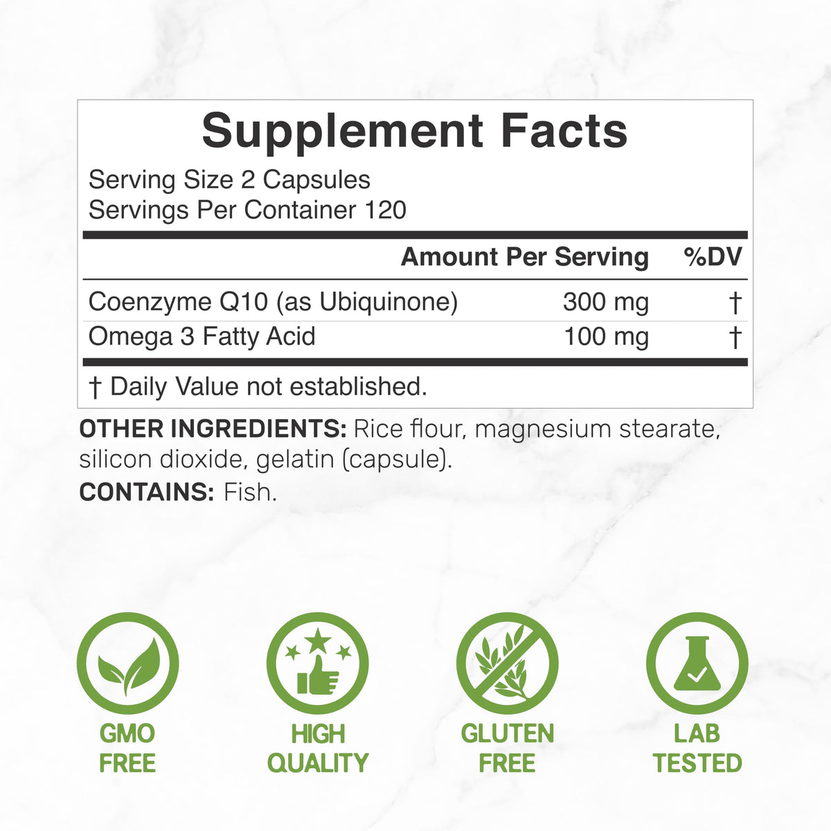 DEAL SUPPLEMENT CoQ10 300mg avec Omega 3 100mg, 240 capsules vue latérale