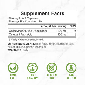 DEAL SUPPLEMENT CoQ10 300mg avec Omega 3 100mg, 240 capsules vue latérale