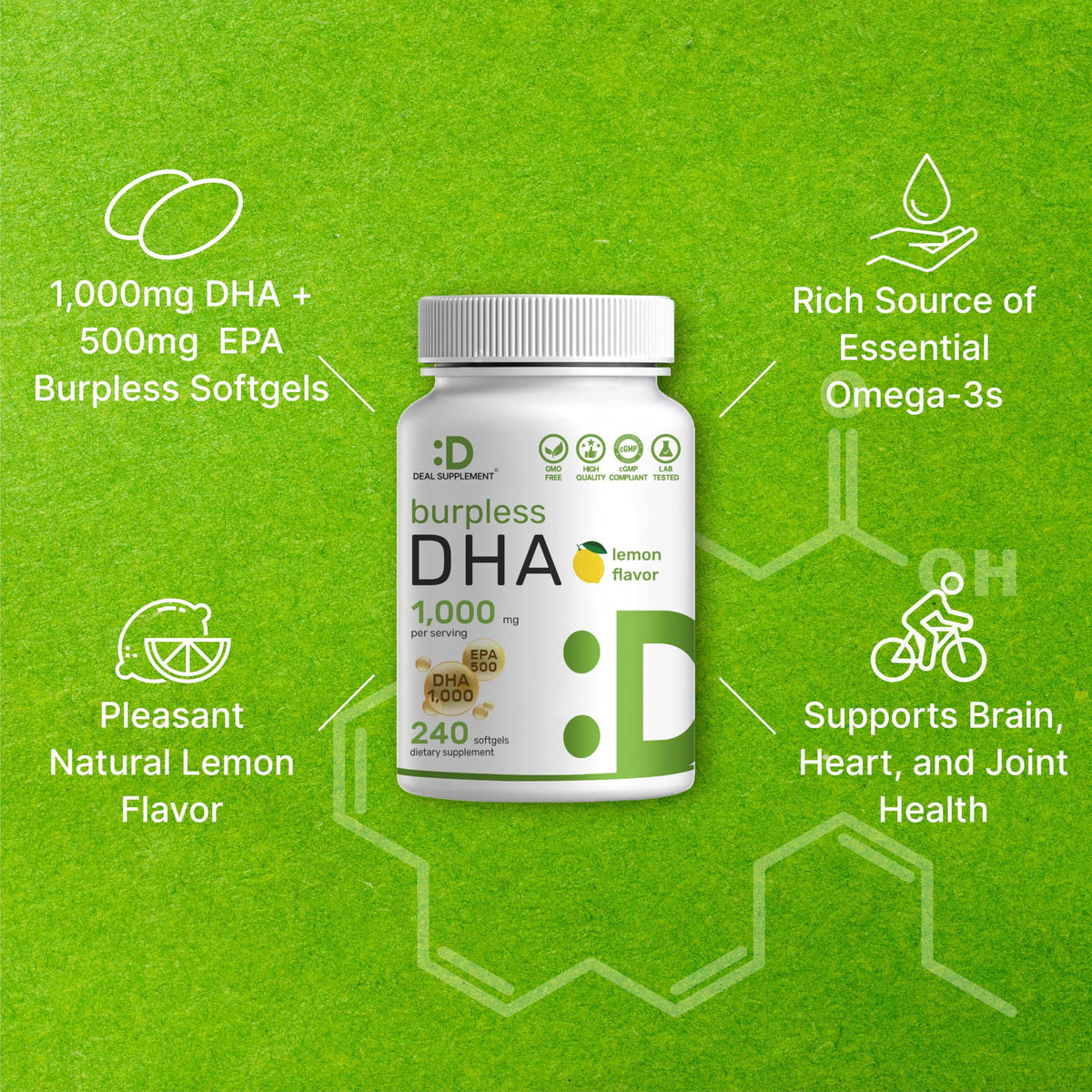 DEAL SUPPLEMENT DHA 1000mg gélules softgels sur fond blanc