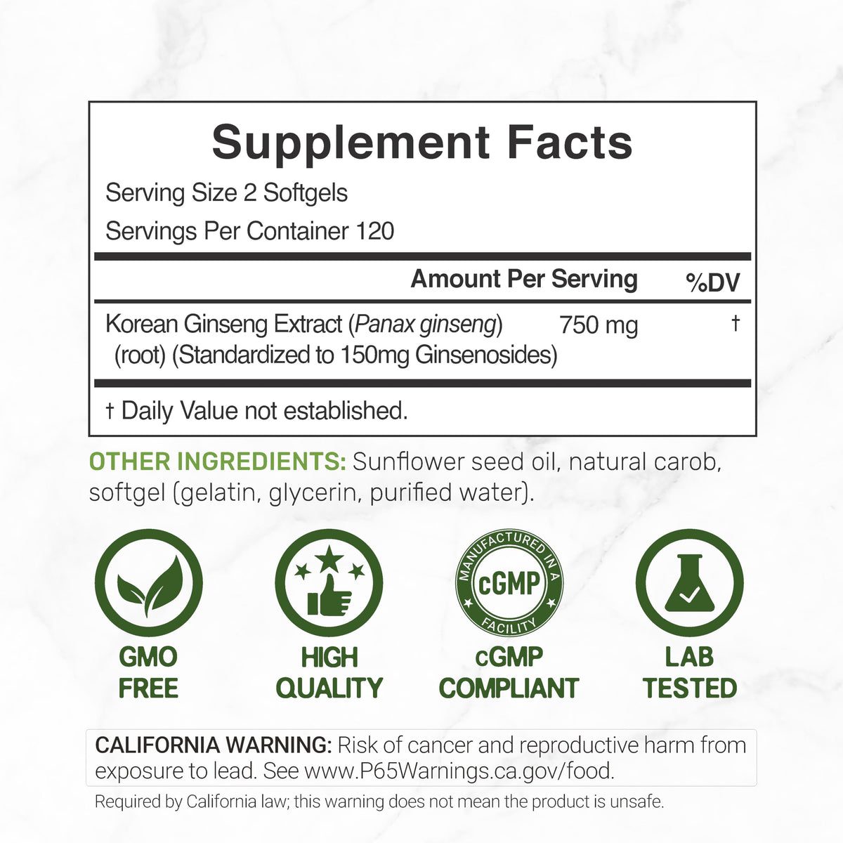 DEAL SUPPLEMENT Gélules de ginseng rouge coréen avec détails de l'étiquette