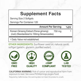 DEAL SUPPLEMENT Gélules de ginseng rouge coréen avec détails de l'étiquette