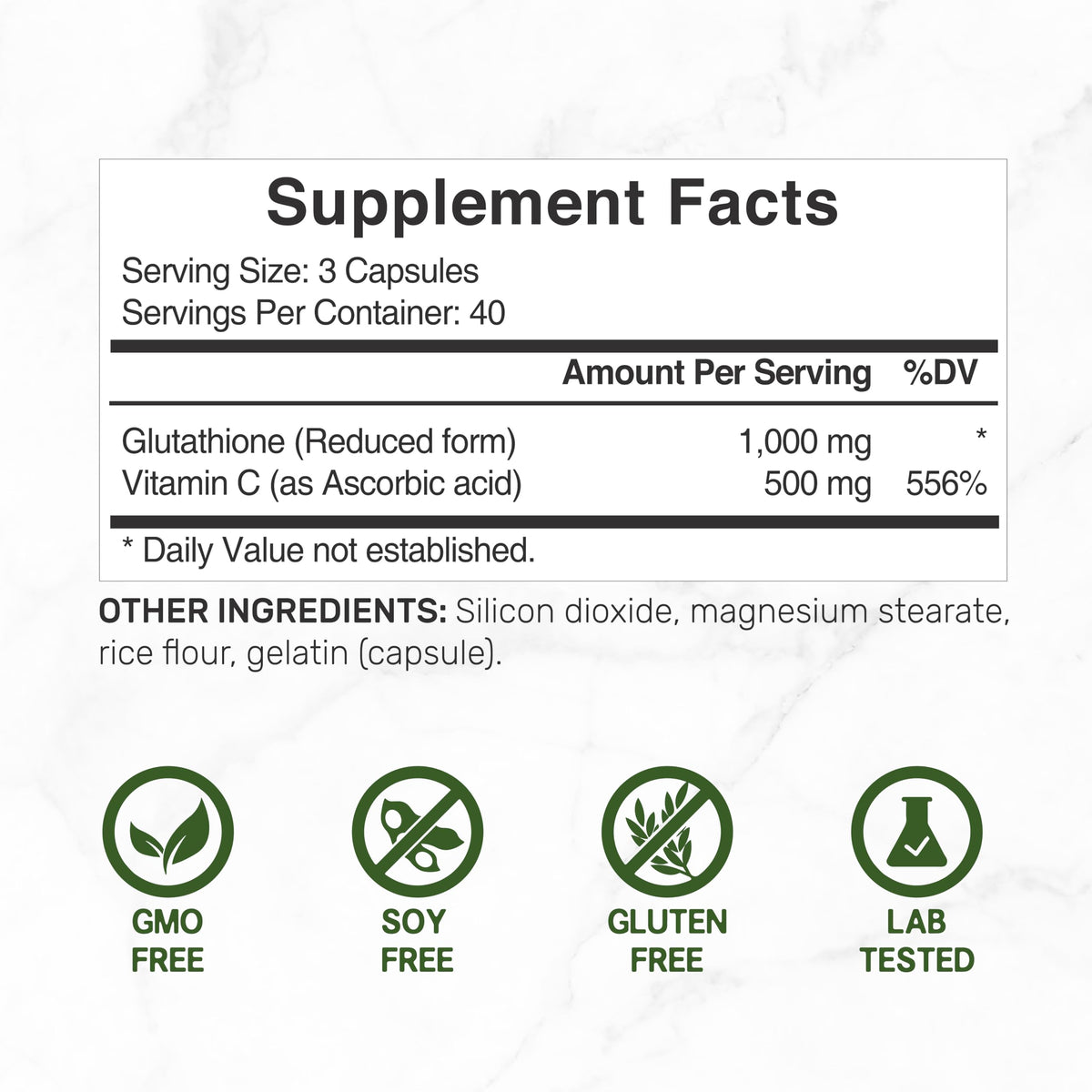 DEAL SUPPLEMENT Glutathione 1 000mg et Vitamine C 500mg - étiquette des ingrédients