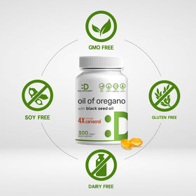 DEAL SUPPLEMENT Huile d'Origan gélules dans une main, contexte lifestyle