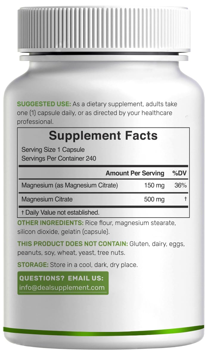 DEAL SUPPLEMENT Magnésium Citrate 500mg, étiquette détaillée