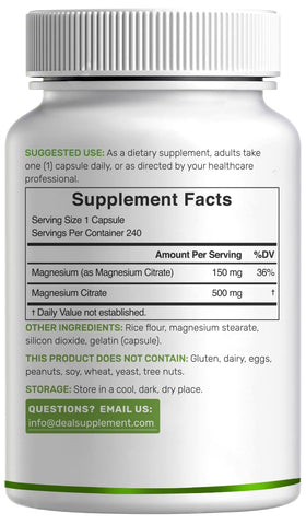 DEAL SUPPLEMENT Magnésium Citrate 500mg, étiquette détaillée