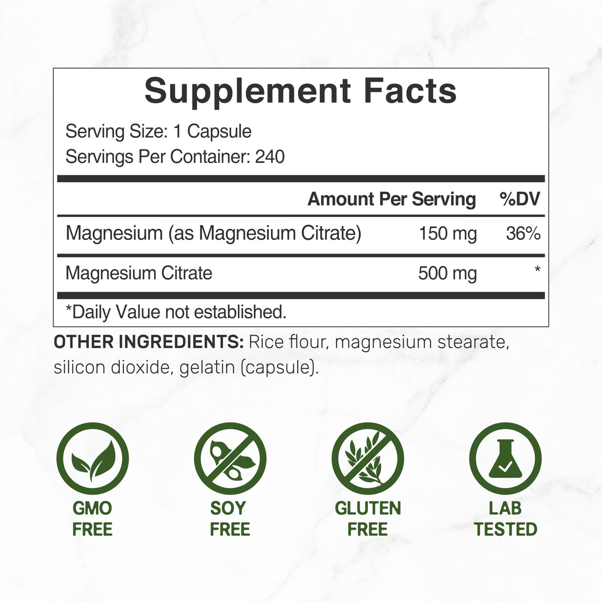 DEAL SUPPLEMENT Magnésium Citrate 500mg, vue de l'arrière du flacon