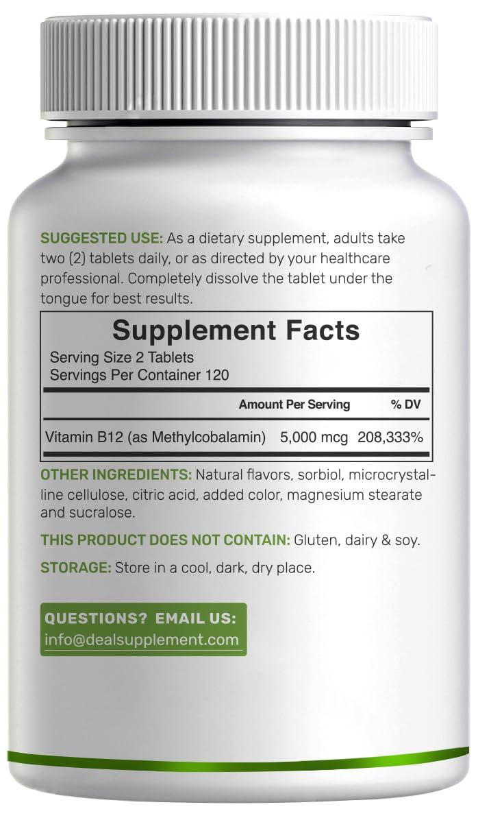 DEAL SUPPLEMENT Methyl B-12 5000 mcg 240 Tablettes avec une main tenant une tablette