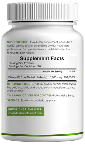 DEAL SUPPLEMENT Methyl B-12 5000 mcg 240 Tablettes avec une main tenant une tablette