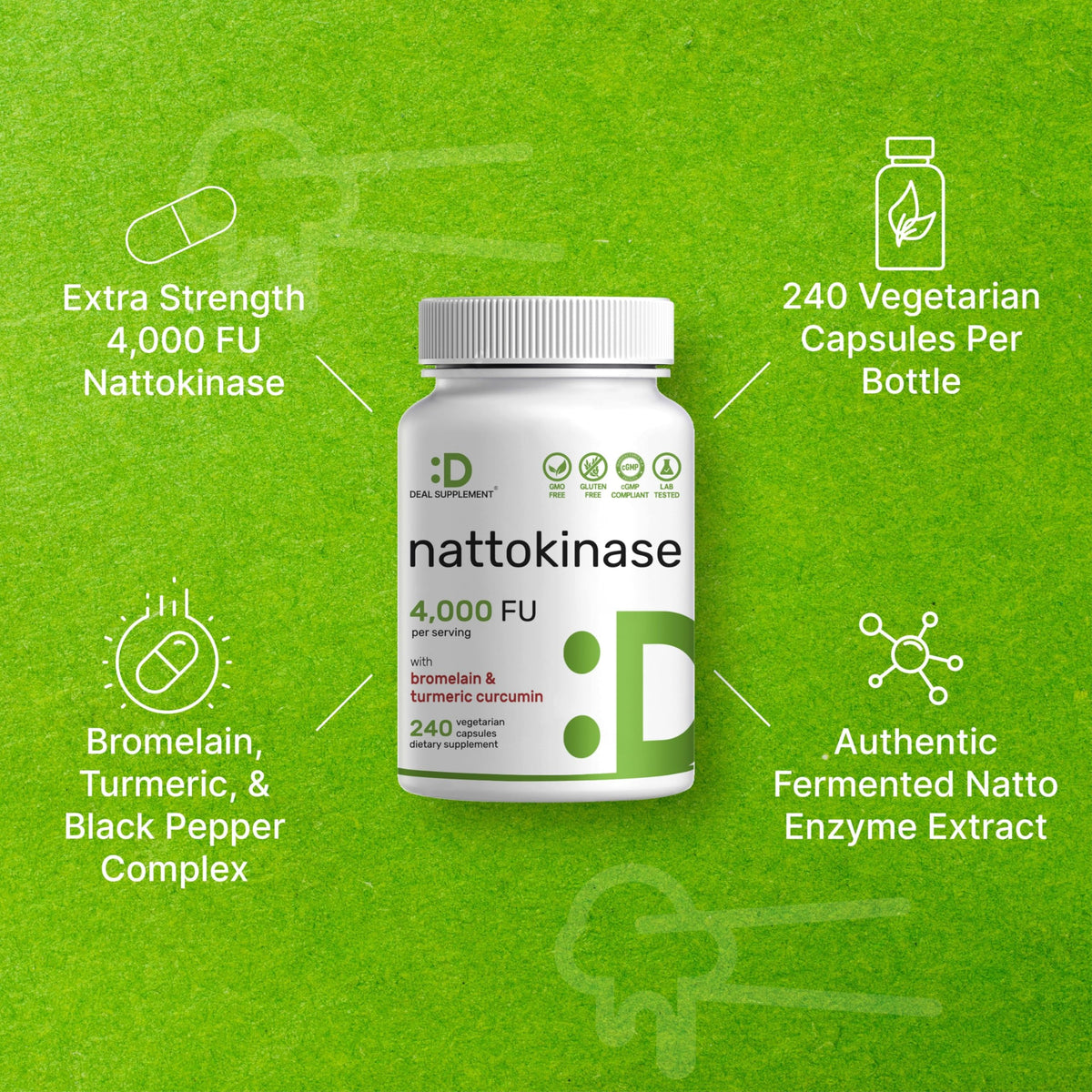 DEAL SUPPLEMENT Nattokinase 4 000 FU 240 capsules végétales sur fond blanc