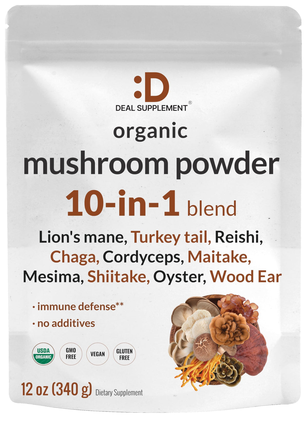 DEAL SUPPLEMENT Poudre de Champignon Bio 10 en 1 12oz vue avant
