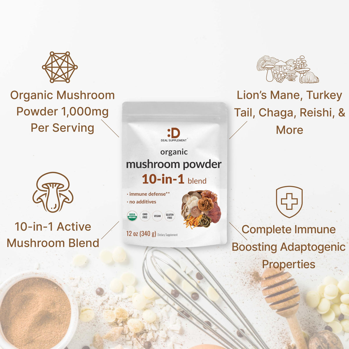 DEAL SUPPLEMENT Poudre de Champignon Bio 10 en 1 avec cuillère doseuse